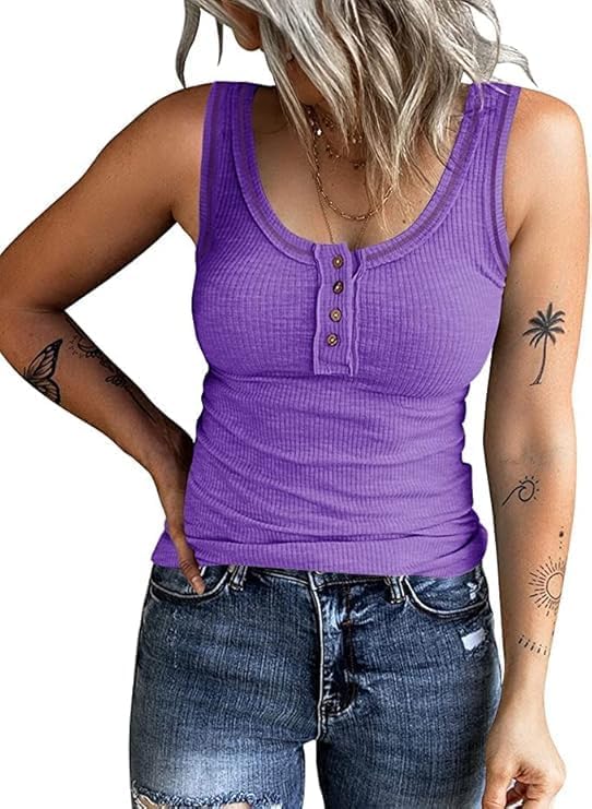 KINLONSAIR Women's Sleeveless Henley Tank Tops Ribbed V Neck Button Down T Shirts Summer Slim Fit Tee Tops