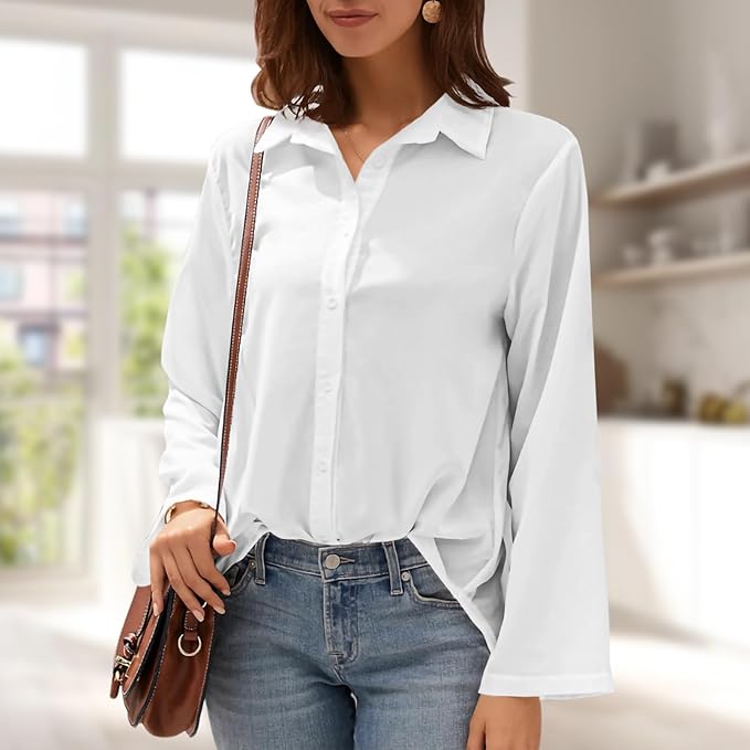 Womens Classic Shirts Casual Button Solid Color Long Sleeve Work Blouse Collared Relaxed Fit Summer Tops