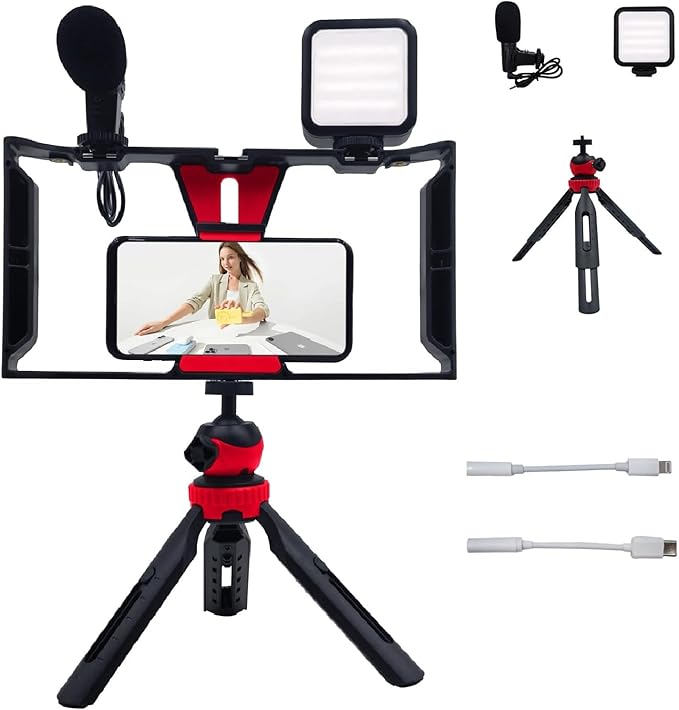 Vlogging Kit for iPhone Android Accessories, with Phone Mount, Tripod, LED Light, Microphone to One-Hand Operate Video Calling, Vlogging, YouTube, Instagram, Tiktok (ABS Black)