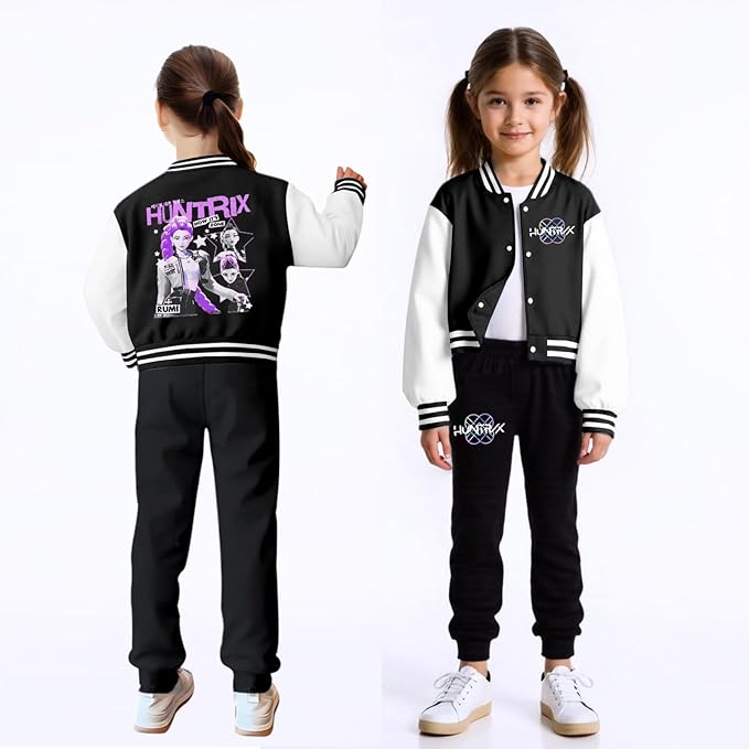 K PopGirls Kpop Tracksuit Cute Cartoon Print Baseball Coats Fashion Long Sleeve Jackets and Pants Christmas Costume Set