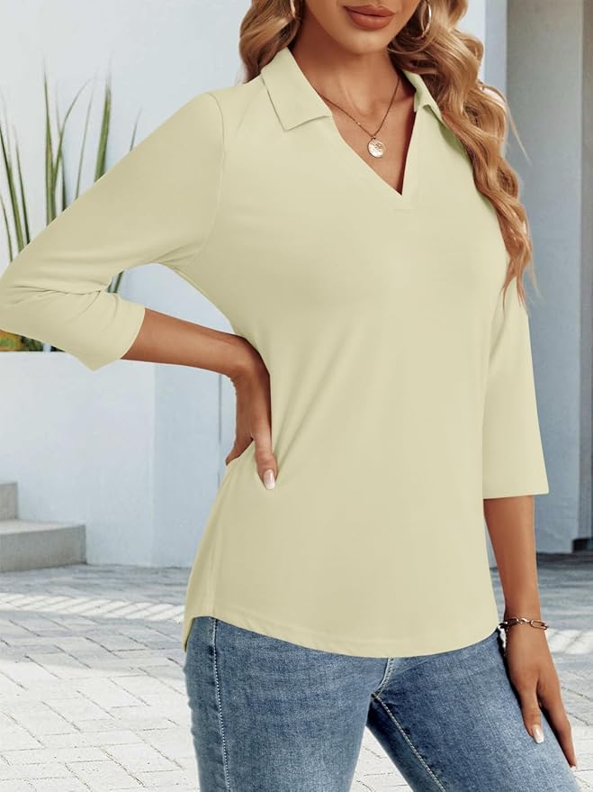 3/4 Length Sleeve Womens Tops Dressy Casual V Neck Polo Shirts Business Work Blouses 2025 Trendy Tunic Top