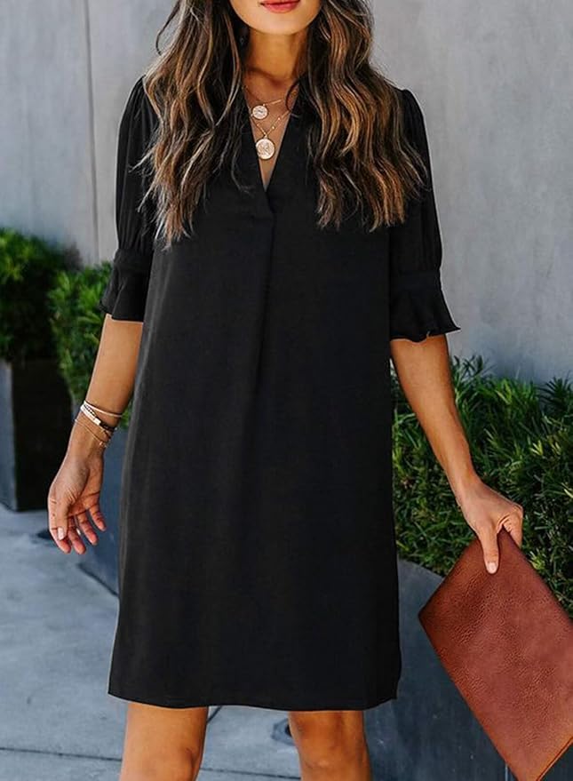 QACOHU Summer Dresses for Women V Neck Ruffle Short Sleeve Casual Shift Dress