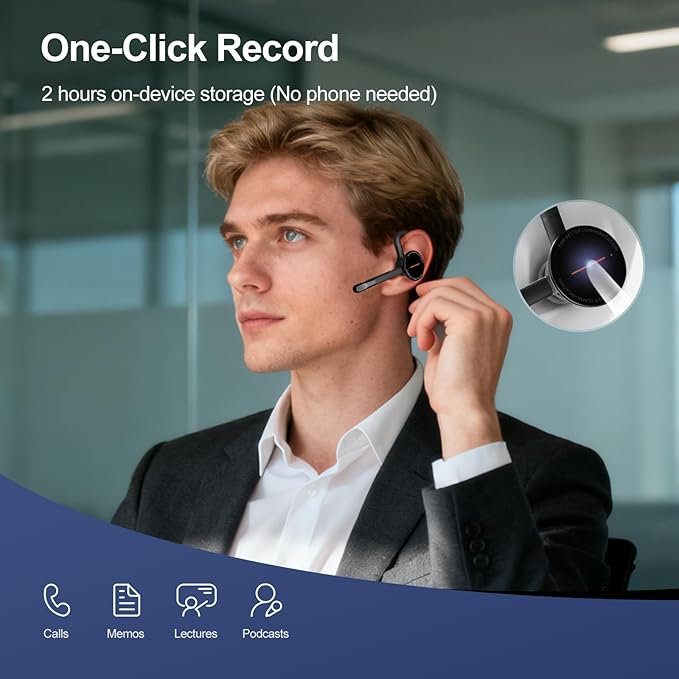 Archer AI Voice Recorder Earpiece, Wireless Single Ear Bluetooth Headset, Meeting Assistant with Transcription, AI Noise Canceling 50dB, AI Transcribe & Summarize with App for Office/Meeting/Driving