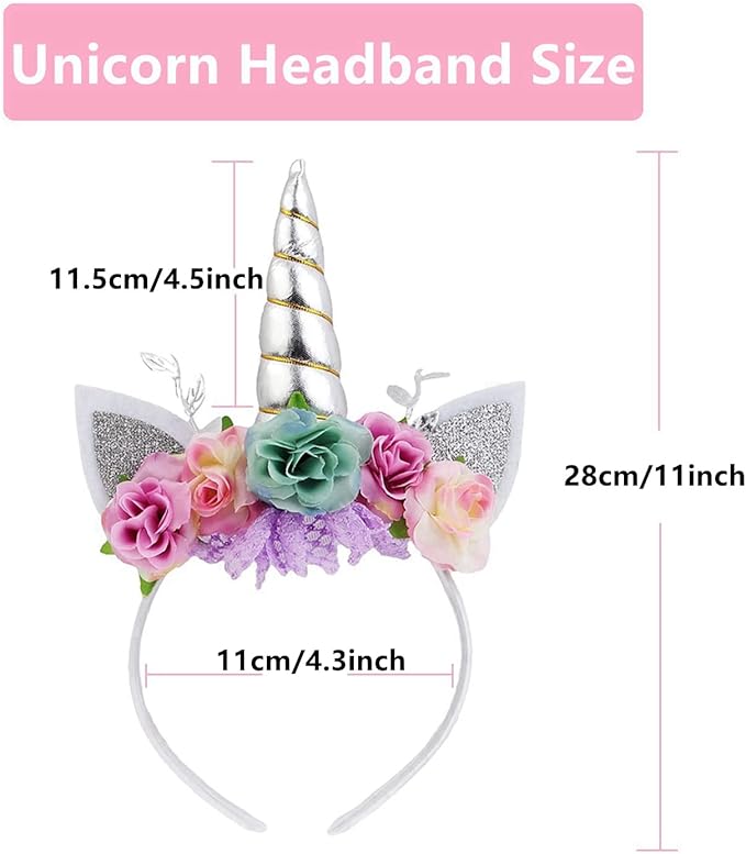 Nishine Unicorn Horn Floral Headband Glitter Ears Pony Head Bands Tiara for Girls Party Birthday Cosplay