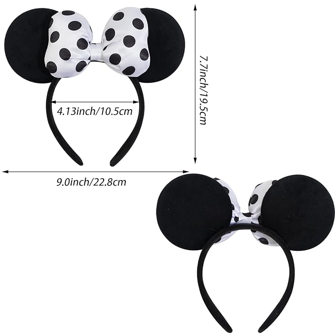 Jeffan Mouse Ear Headband with 3D Cotton Bow, Polka Dot Bow Mouse Party Costume Accessories for Women Girls (Black)