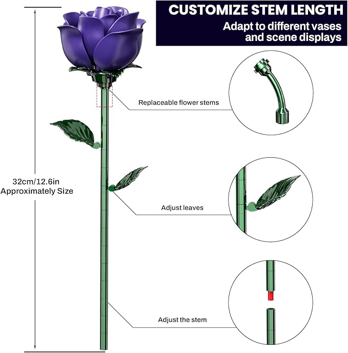 Purple Rose Bouquet Building Set for Adults Women - 12 Pack, Botanical Collection Gift for Christmas, Valentine's Day & Mother's Day - Artificial Flowers Botanical Collection Centerpiece Retro Decor