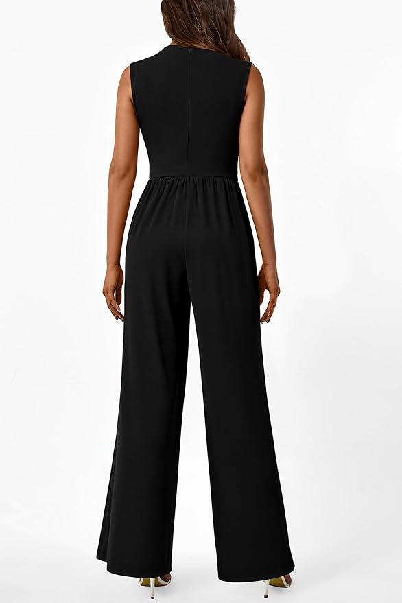 PRETTYGARDEN Womens Summer Jumpsuits Dressy Casual One Piece Outfits Sleeveless Mock Neck Wide Leg Pants Rompers with Pockets