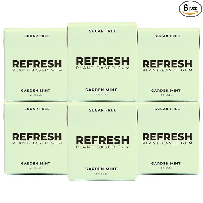 Refresh Gum, Sugar Free, Natural, Xylitol, Long Lasting Chewing Gum, Natural Flavors, Organic Ingredients, Plastic Free, Non GMO, Gluten Free, Vegan (12 Count (Pack of 6), Garden Mint)