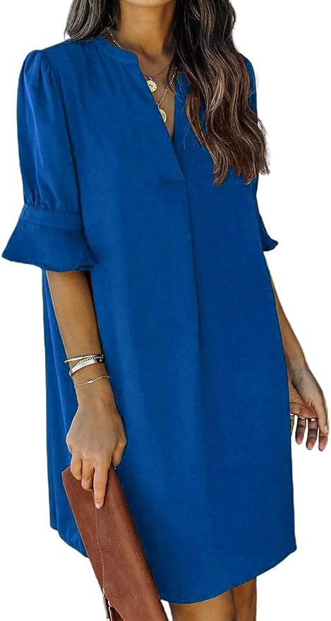 QACOHU Summer Dresses for Women V Neck Ruffle Short Sleeve Casual Shift Dress