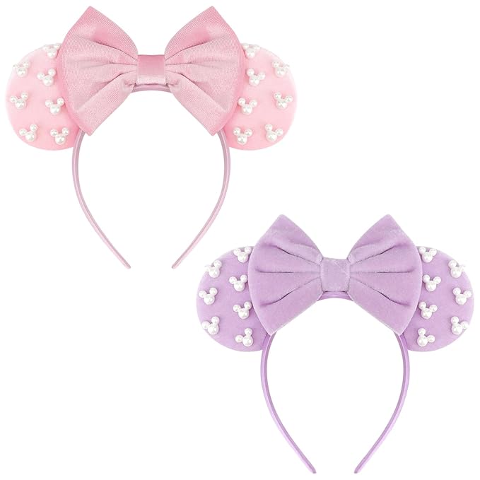 DRESHOW Mouse Ears Headbands for Women Pearl Hairbands Bow Head Bands Velvet Head Band Christmas Cosplay Costume Princess Party Decorations Halloween & Disney Trip