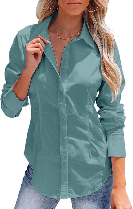 siliteelon Women's Button Down Shirts Long Sleeve Dress Shirts Wrinkle Free Collared Work Office Solid Blouses Corset Tops