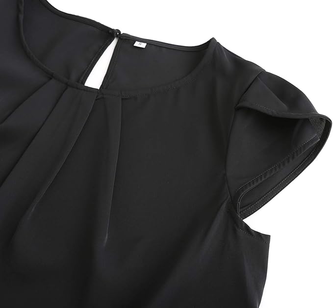 TASAMO Women's Casual Round Neck Basic Pleated Top Cap Sleeve Curved Keyhole Back Chiffon Blouse
