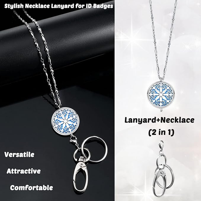 Lanyards for ID Badges Keys Women Cute Teacher Lanyard ID Holder Necklace Silver Chain Fashion Strong Keychain Diffuser Office School Work Jewelry Nurse Teacher Appreciation Gifts Mandala