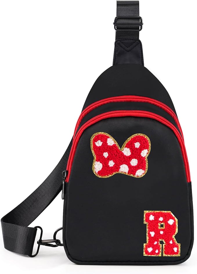 7 8 9 10 11 12 13 14 Year Old Girl Birthday Gifts, Black Initial Bow Mouse Park Small Sling Bag for Girls Daughter Women, Teen Girl Gifts Trendy Stuff Crossbody Fanny Pack Must Haves for Park Travel R