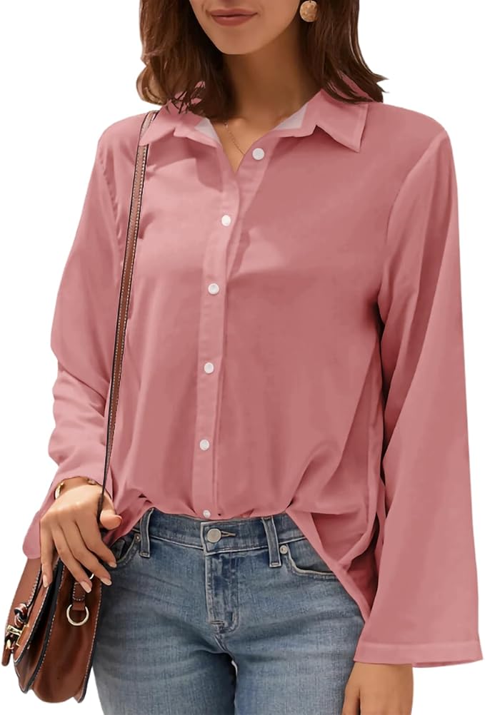 Womens Classic Shirts Casual Button Solid Color Long Sleeve Work Blouse Collared Relaxed Fit Summer Tops