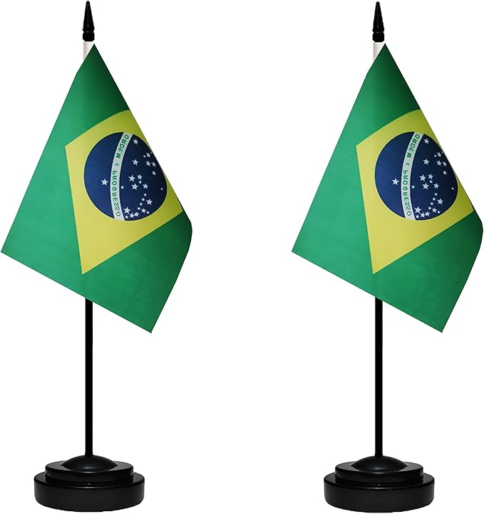 Brazil Brazilian Deluxe Desk Flag Set, Small Mini Miniature Brazil Brazilian Table Desktop Flags With Solid Pole, Black Base and Spear Top(2 Pack)