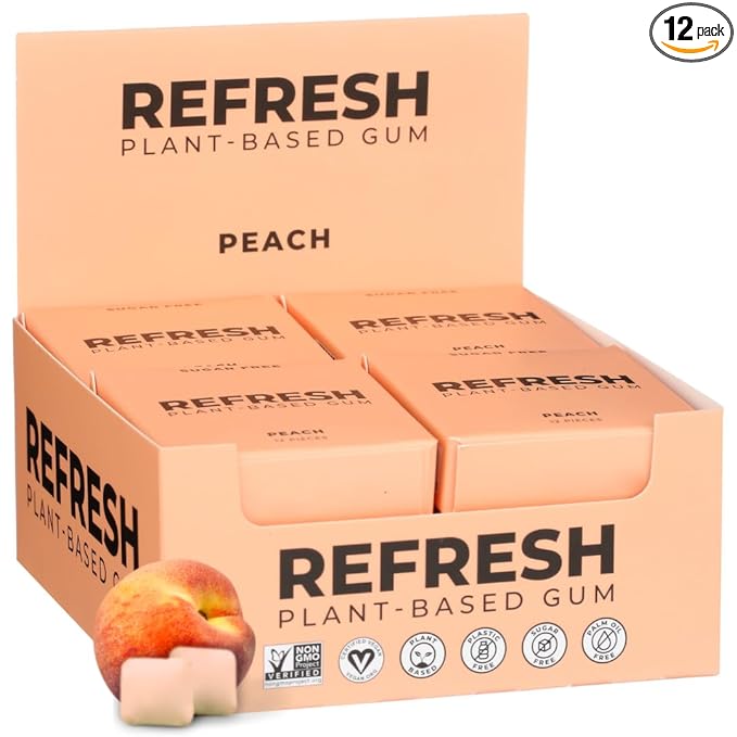 Refresh Gum, Sugar Free, Natural, Xylitol, Long Lasting Chewing Gum, Natural Flavors, Organic Ingredients, Plastic Free, Non GMO, Gluten Free, Vegan (12 Count (Pack of 12), Peach)