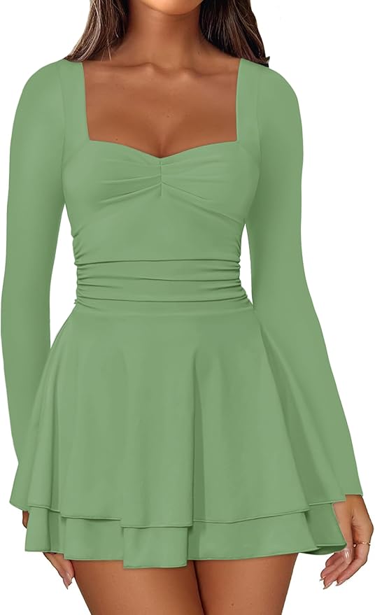 IWD Women's Square Neck Long Sleeve Mini Dress Ruched Corset Waist Tiered Ruffle Hem A Line Short Party Dresses