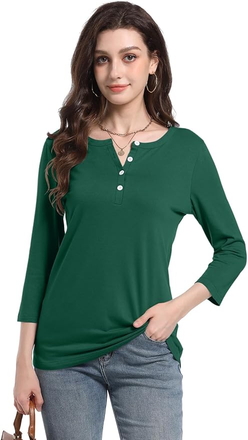 PGANDS Women's 3/4 Length Sleeve T Shirts Button Down Scoop Neck Casual Tops