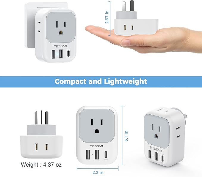 Australia Plug Adapter, TESSAN Australian Power Adaptor with 4 Outlets 3 USB Charging Ports (1 USB C), Type I Travel Plug for US to New Zealand China Argentina Fiji AU, 2 Pack