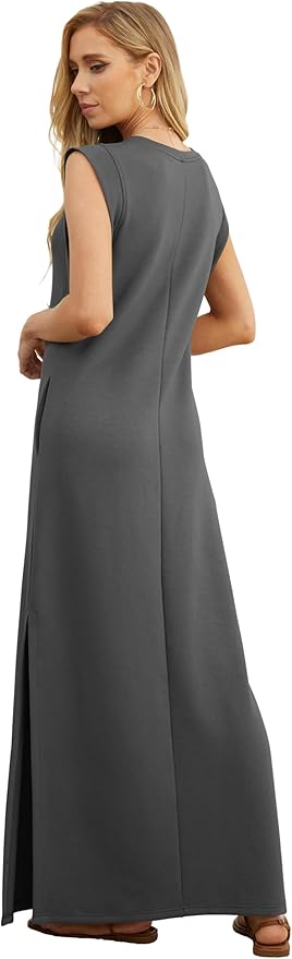 GRECERELLE 2026 Women Year-Round Casual Round Neck Loose Split Wrinkle-Free Long Maxi Vacation Dress with Pockets (XXS-4XL)