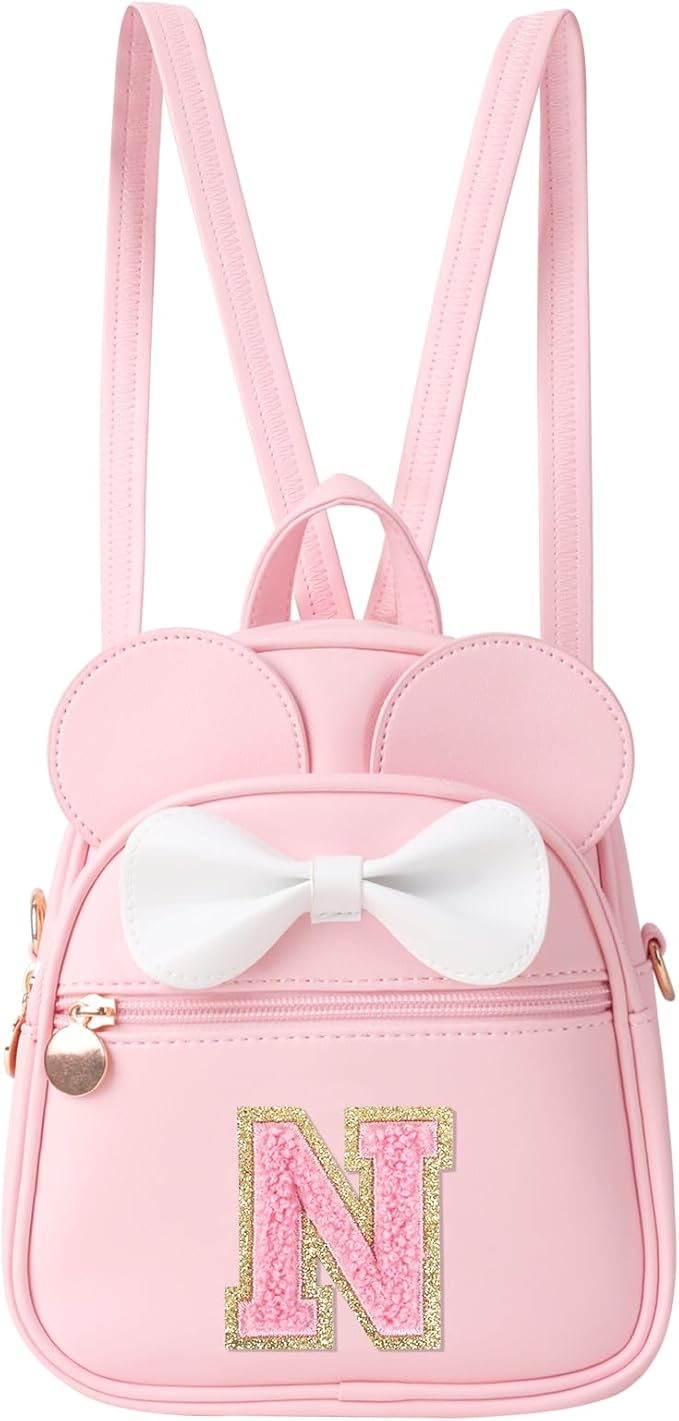 UIXIZQ Personalized Toddler Backpack for Girls 3–10, Cute Mini Bowknot Mouse-Ear Toddler Bookbag Crossbody Purse, Small Daypack Wallet Set, Initial Birthday Gift, Trendy Little Kids/Teen Bag(Pink,N)