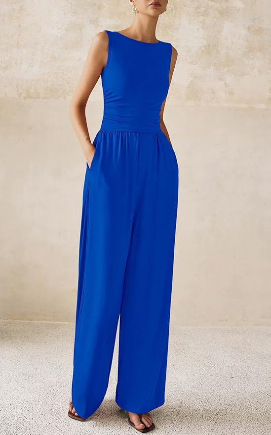 PRETTYGARDEN One Piece Jumpsuits for Women Dressy Casual Sleeveless Crewneck Wide Leg Rompers Jumpers Vacation Summer Outfits