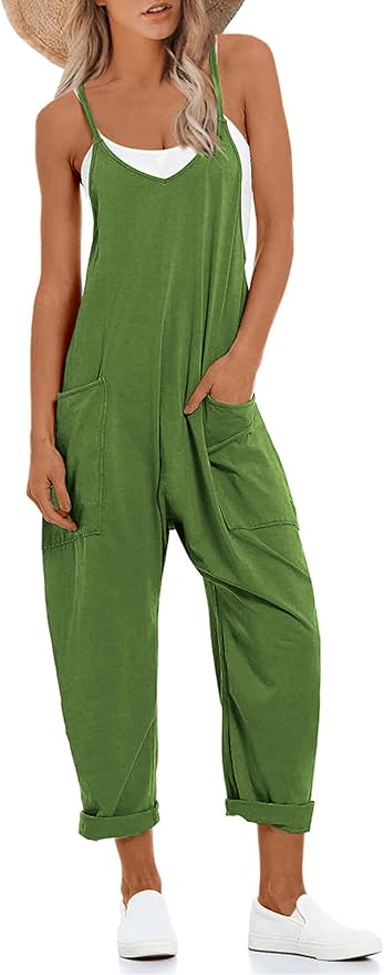 Lentta Women's Causal Jumpsuits V Neck Sleeveless Harem Overalls Stretchy Adjustable Strap Romper with Pockets