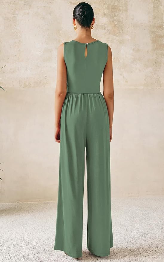 PRETTYGARDEN One Piece Jumpsuits for Women Dressy Casual Sleeveless Crewneck Wide Leg Rompers Jumpers Vacation Summer Outfits
