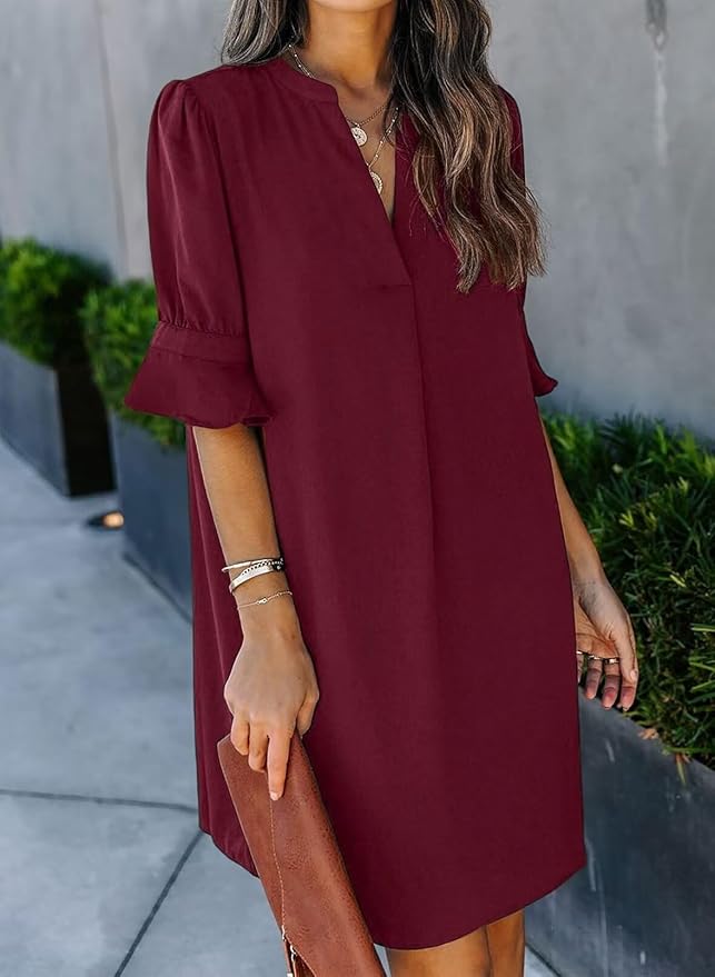 QACOHU Summer Dresses for Women V Neck Ruffle Short Sleeve Casual Shift Dress