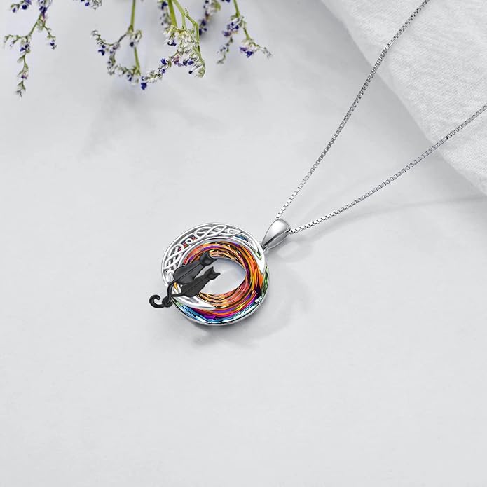 TOUPOP Cat Gifts for Cat Lovers One Two Three Four Cats Necklace Sterling Silver Cats on the Moon Pendant Necklace with Blue Circle Crystal Birthday Christmas Celtic Jewelry Gifts for Women