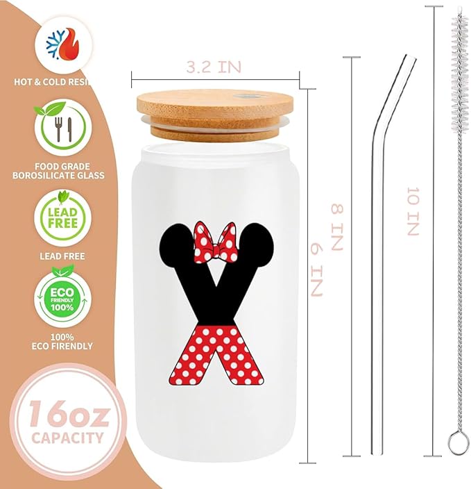 Cute Cartoon Mouse Lover Gifts Initial A-Z Personalized Iced Coffee Cup Magic Mouse Stuff Wizard Gift 16oz Glass Cup with Lid and Straws Birthday Christmas Gifts for Women Teen Girls (Letter X)