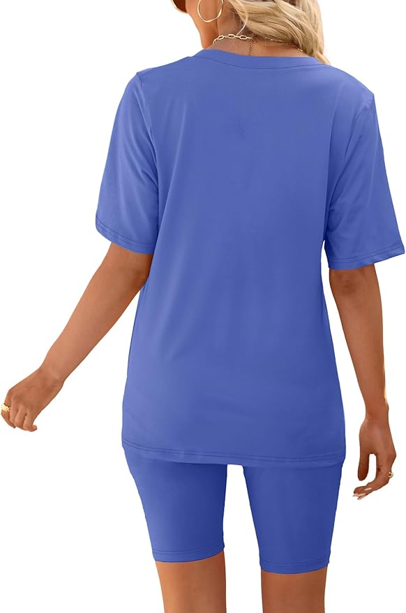 AGSEEM Two Piece Outfits For Women Summer V Neck T-Shirt Tops Biker Shorts Workout Sports Tracksuit