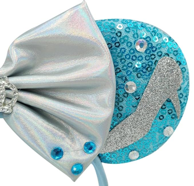 WW-WONDERFULWORLD Shiny Mouse Ears Headbands With Grey Bows & Crown & Sequin, for Mermaid Cinderella Costume Cosplay Glitter Party, Blue; 2GGX