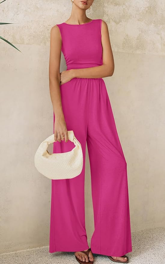 PRETTYGARDEN One Piece Jumpsuits for Women Dressy Casual Sleeveless Crewneck Wide Leg Rompers Jumpers Vacation Summer Outfits