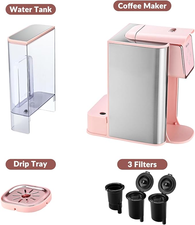 Mecity Pink Coffee Maker 3-in-1 Single Serve Coffee Machine, For Flat Bottom Coffee Capsule, Ground Coffee, 6 to 10 Ounce Cup, Removable 50 Oz Water Reservoir, 120V 1150W