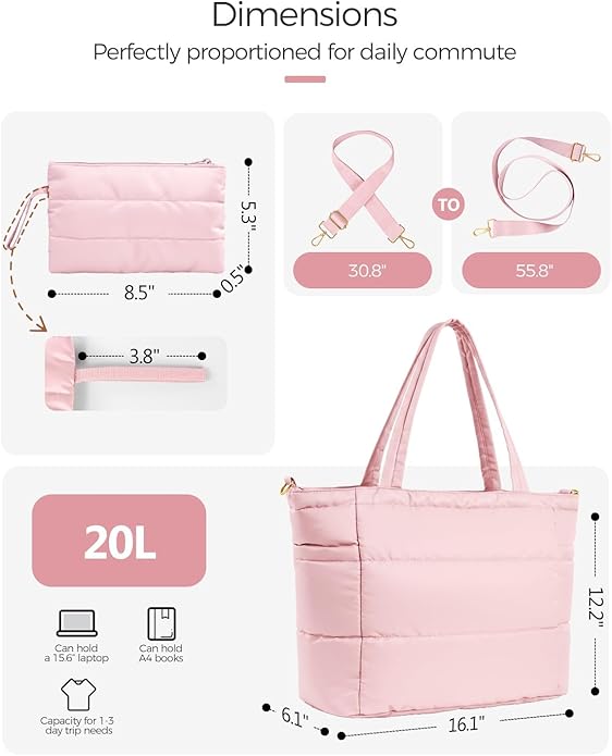 Moyad Puffy Tote Bag for Women with Zipper, Lightweight Quilted Bags Shoulder Handbag for Work, Travel, Gym, Nurse, Teacher