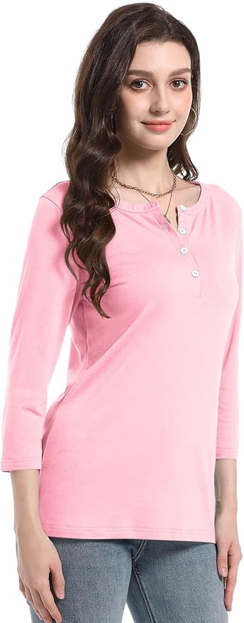 PGANDS Women's 3/4 Length Sleeve T Shirts Button Down Scoop Neck Casual Tops