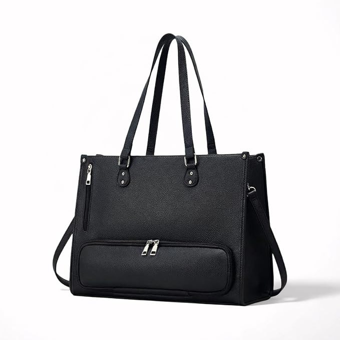 Women's Lunch Tote Bag with Insulated Cooler Compartment, 2-in-1 Large Work Shoulder Bag with Matching Clutch, PU Leather Meal Prep Handbag for Office, Teacher & Nurse - Black