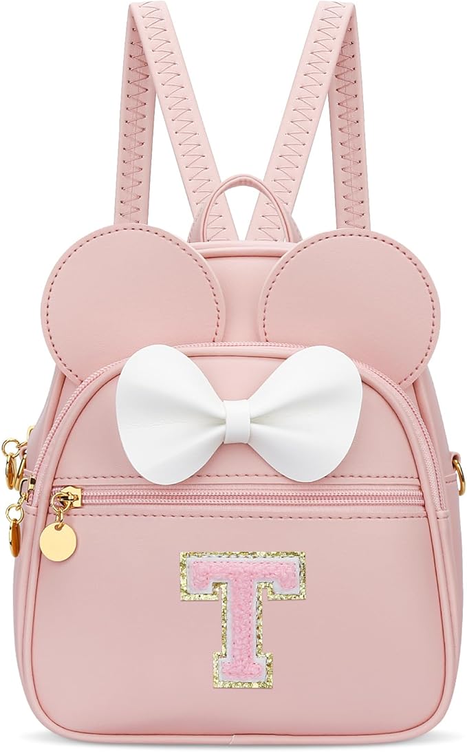 KKXIU Girls Initial Bowknot Cute Mini Backpack for Toddler, Travel Small Girl Backpacks, Personalized Valentine's Day Gifts for Little Girls and Kids(T, Pink)