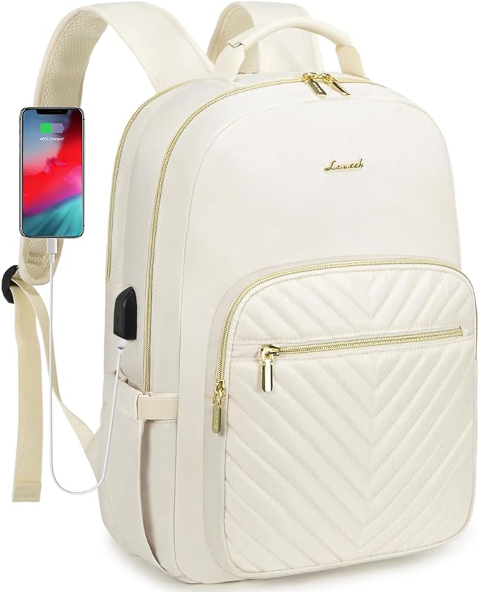 LOVEVOOK Laptop Backpack Purse for Women, Work Travel Computer Bags, College School Backpack for Student Girl, Quilted Casual Daypack with USB Port, Fit 15.6 Inch Laptop, Beige White