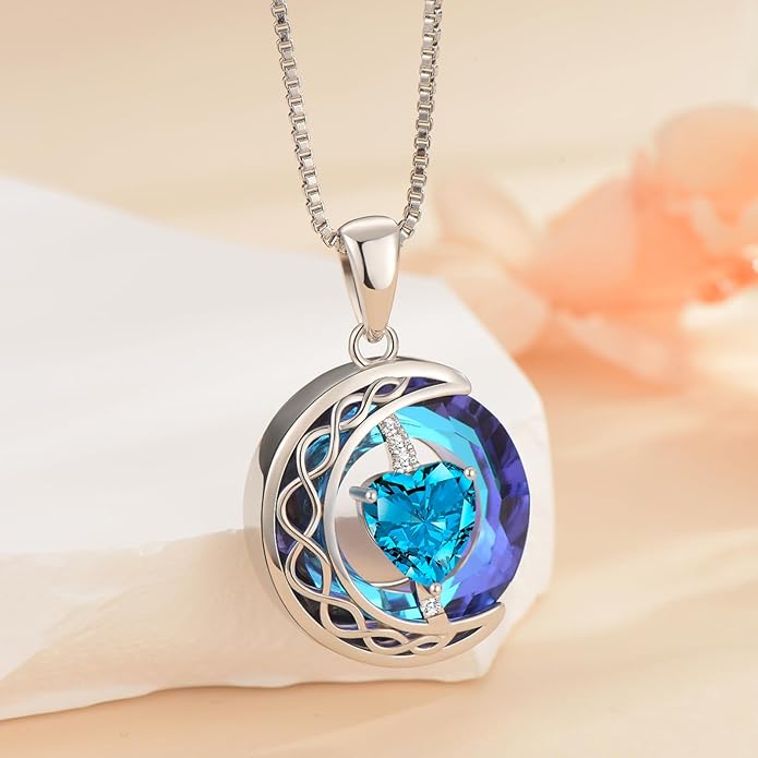 LIANYU Necklace for Womens Blue Sapphire Necklace Moon Pendant S925 Sterling Silver Crystal Jewelry for Women Pendant Birthday Gifts for Wife Gifts Valentine Anniversary