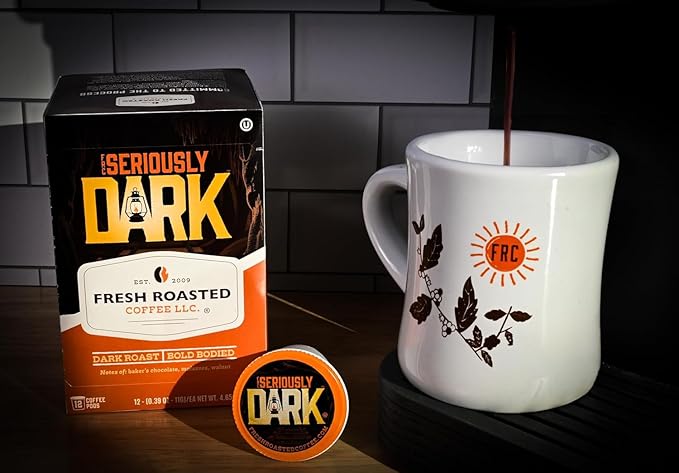 Fresh Roasted Coffee, Seriously Dark, Artisan Blend, Dark Roast, 24 Pods for K Cup Brewers