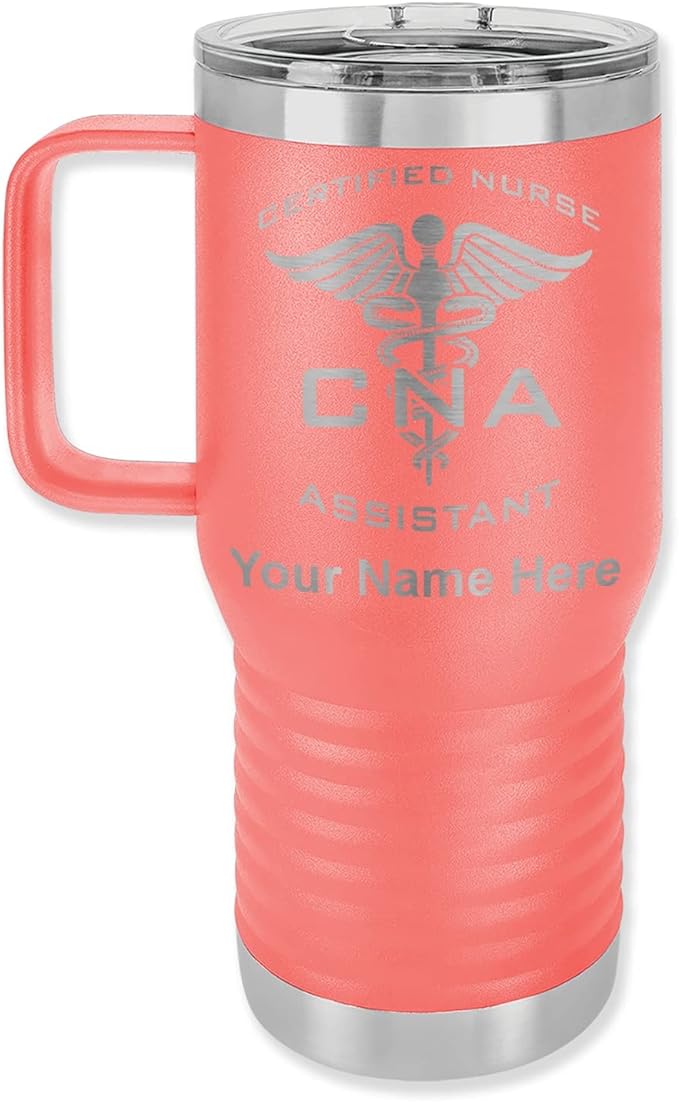 LaserGram 20oz Vacuum Insulated Travel Mug with Handle, CNA Certified Nurse Assistant, Personalized Engraving Included (Coral)
