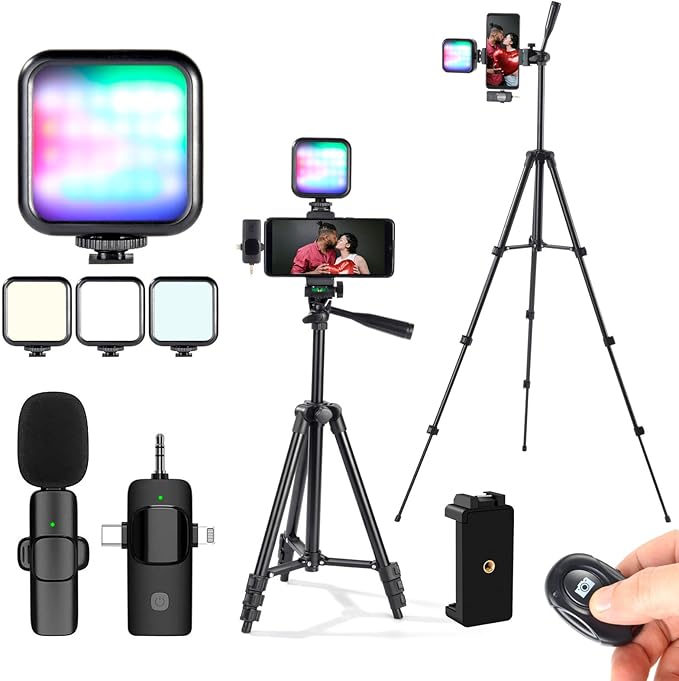 Vlogging Kit for iPhone,YouTube Starter Kit,Youtuber Kit Beginner Content Creator Essentials Kit for Android Phone,Vlogging Camera Kit with Extendable Tripod/Wireless Microphone/RGB Fill-in Light