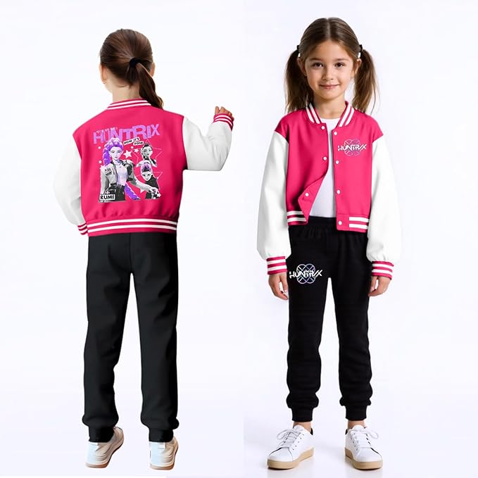 K PopGirls Kpop Tracksuit Cute Cartoon Print Baseball Coats Fashion Long Sleeve Jackets and Pants Christmas Costume Set