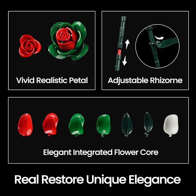iATOM Valentines Flower Bouquet Building Set, Artificial Roses Botanical Collection for Adults, Gift for Valentine's Day for Her/Mom/Girlfriend/Wife/Couple, Modern Home Office Table Centerpiece Decor