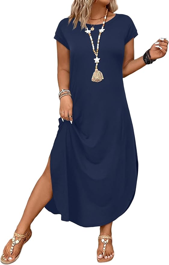 WIHOLL Summer Dresses Cap Sleeve Crewneck Maxi Long Casual Dress with Pockets Beach Vacation Sundresses 2026 Trendy
