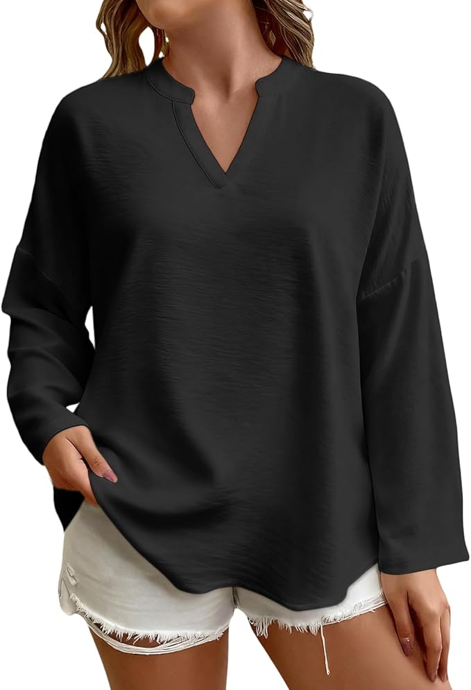 Elegant Shirts for Women Solid Color Long Sleeve V Neck Blouses Loose Comfy Business Work Casual Pullover Tops