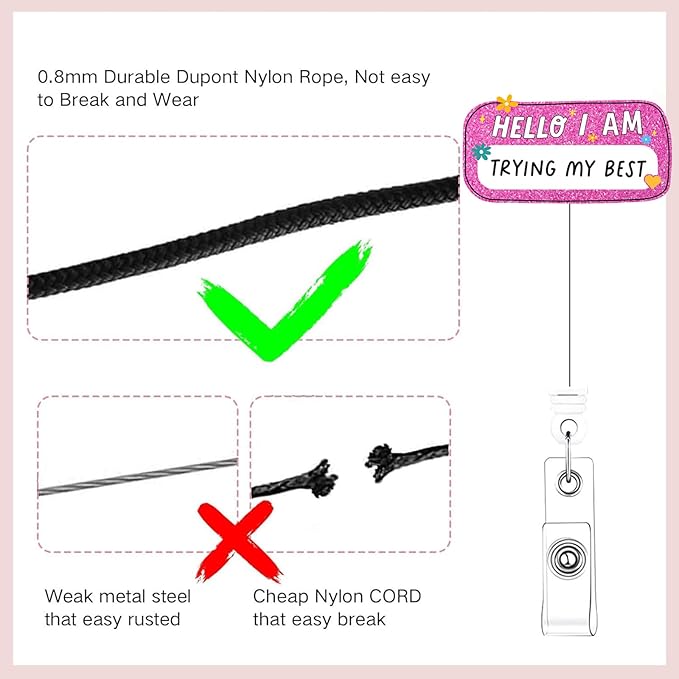 2 Pcs Hello I'm Trying My Best Acrylic Name Badge Clip - Retractable ID Holder with Alligator Clip& Nylon Cord | AcrylicClip for Nurse Nurses Office Worker Teacher Student